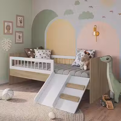Cama Montessoriana de Solteiro com Escada e Escorrega Linha Affetto Aveiro e Branco