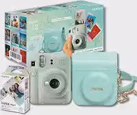 Kit Câmera Instax Mini 12 com pack 10 fotos Mermaid Tail e Bolsa Verde