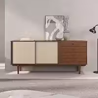 IDIMEX Balcão Buffet Sala de Jantar Madeira 2 Portas Correr com Rattan 4 gavetas cor Castanho Simona 175 cm Robusto