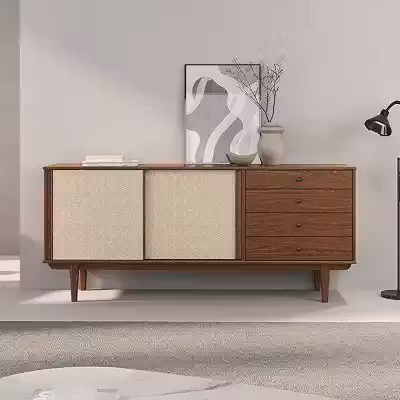 IDIMEX Balcão Buffet Sala de Jantar Madeira 2 Portas Correr com Rattan 4 gavetas cor Castanho Simona 175 cm Robusto