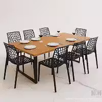 Conjunto Mesa de Jantar Retrô 150x90cm com 6 Cadeiras, Estilo Acacia para Ambientes Residenciais (MESA MEL + 6 GRUVYER)