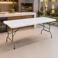 Mesa Dobrável 180x70cm Portátil Branca Maleta Resistente Até 150kg Para Festa Churrasco Camping Eventos