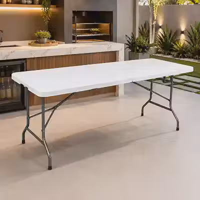 Mesa Dobrável 180x70cm Portátil Branca Maleta Resistente Até 150kg Para Festa Churrasco Camping Eventos