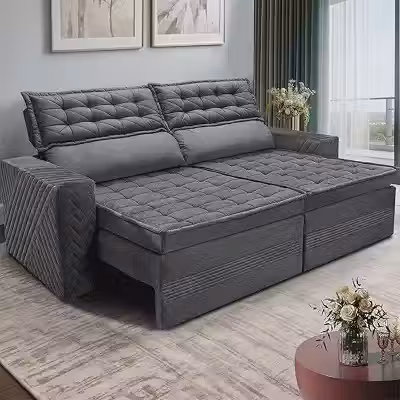 Cama inBox Sofá 4 Lugares Cielo com Assento Retrátil, Encosto Reclinável em Suede Velusoft, Cinza, 230cm Largura, 105cm Profundidade, 100cm Altura