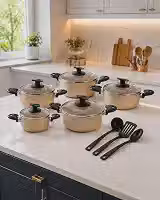 Jogo de Panelas Antiaderente 8 Peças em Alumínio, 5 Caçarolas com Tampas de Vidro 14, 16, 18, 20 e 22cm + 3 Utensílios, Conjunto de Panelas para Cozinha Bege