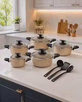 Jogo de Panelas Antiaderente 8 Peças em Alumínio, 5 Caçarolas com Tampas de Vidro 14, 16, 18, 20 e 22cm + 3 Utensílios, Conjunto de Panelas para Cozinha Bege