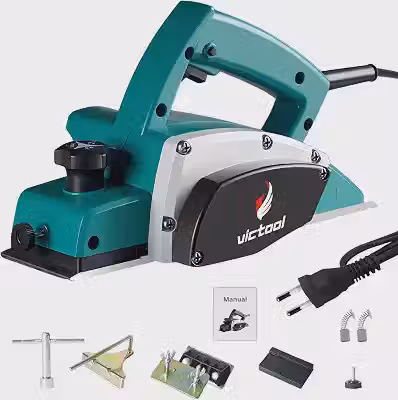 VICTOOL Plaina Elétrica 1000W Lamina Dupla, 220V Frequência, 16000 rpm, Ferramenta portátil com fio para madeira, Profundidade de corte ajustável, 2 lâminas, chanfro de madeira, acabamento liso e DIY