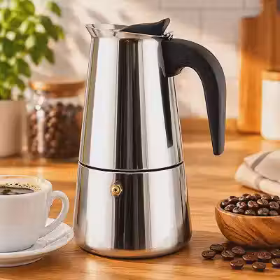 Cafeteira Italiana Expresso 450ml em Aço Inox para 9 Xícaras, Cafeteira Moka para Fogão de Indução, Cooktop e Gás, Base de 11,5 cm, Filtro Permanente sem Papel, Válvula de Segurança e Cabo Antitérmico