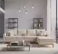 Sofá Beny com Chaise Direita, 2,60x1,40m, 4 Lugares, Linho, Base em Madeira. (Cru)