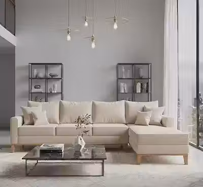Sofá Beny com Chaise Direita, 2,60x1,40m, 4 Lugares, Linho, Base em Madeira. (Cru)