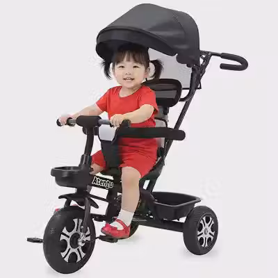 Triciclo Infantil com Alça e Capota Atentu Motoca Passeio com Empurrador (Preto)