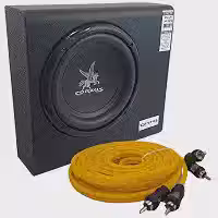Caixa Corzus 200W Mini Slim Subwoofer 8'' Automotiva Amplificada + Cabo Rca 2 Vias Blindado Profissional 5 Metros