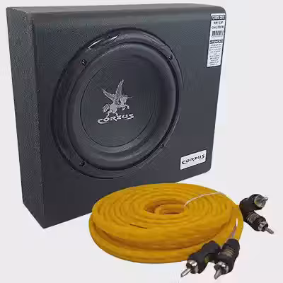 Caixa Corzus 200W Mini Slim Subwoofer 8'' Automotiva Amplificada + Cabo Rca 2 Vias Blindado Profissional 5 Metros