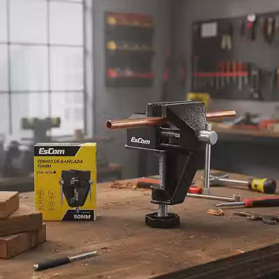 Morsa de Bancada 50mm Torno Base Fixa, Abertura 50mm, Mandíbula 60mm, Fixação 1 a 35mm, Alumínio e Ferro, para Oficina e Marcenaria