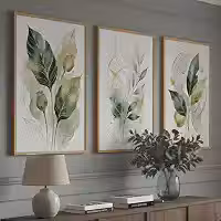 Kit 3 Quadros Folhagem Verde Dourado Aquarela com Moldura Castanho
