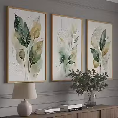 Kit 3 Quadros Folhagem Verde Dourado Aquarela com Moldura Castanho