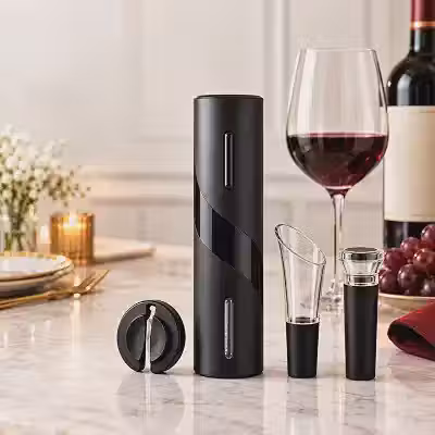 Kit Abridor de Vinho Elétrico 4 em 1. Saca-Rolhas Automático a Pilha com Corta-Lacre, Dosador e Rolha a Vácuo - Ideal para amantes de Vinho, Jantar Especial e Adega Sofistifada