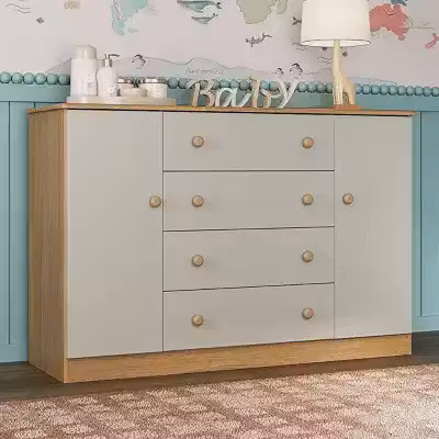 Cômoda Infantil 125cm 2 Portas e 4 Gavetas Encanto Multimóveis Mp4450 Madeirado/off White