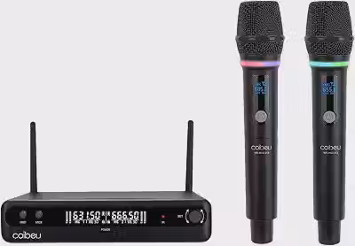 Microfone Sem Fio Duplo UHF, Microfone Dinamico Karaoke, 2 Microfones de Mão com Receptor, Saídas XLR/6,35 mm, Alcance até 50 m, Bateria Recarregável Type-C, para Karaokê, Igrejas, Palcos e Eventos