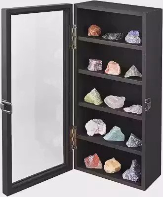 Ikee Design Vitrine colecionável de madeira montada na parede, 5 prateleiras, acessórios de armazenamento com porta de vidro temperado, cor preta
