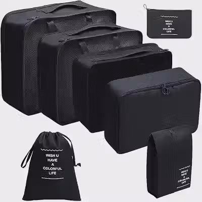 Organizador Viagem Kit 7 Peças - Necessaire para Bagagem Malas Roupas Bolsa Cosméticos Higiene - Dobrável Impermeável Multiuso Feminina Masculina Unissex Grande Compacto Prático (PRETO)