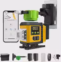 Nível a Laser 12 Linhas Verde 3D 360° Autonivelante, Modo Manual e Pulso, Controle Remoto com APP, Base Magnética, IP54, 2 Baterias de Lítio 2400mAh, Amarelo