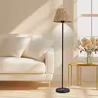 Luminária de Chão em Rattan para Sala e Quarto, 140cm, 110V-220V, Estilo Rústico, Costeiro e Minimalista, Base Estável e Lâmpada 5W Inclusa (Preto)