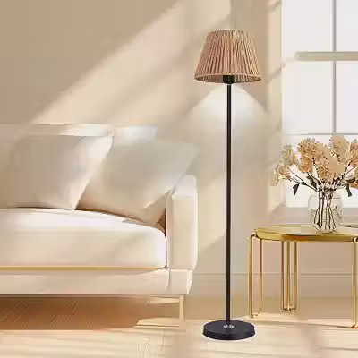 Luminária de Chão em Rattan para Sala e Quarto, 140cm, 110V-220V, Estilo Rústico, Costeiro e Minimalista, Base Estável e Lâmpada 5W Inclusa (Preto)
