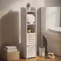 Armário Organizador de Banheiro de Chão em PVC com Porta-Papel Higiênico | Organizador compacto para banheiros, Prateleiras e Armário Inferior, Branco