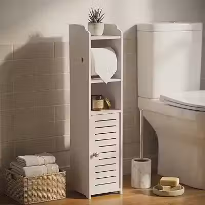 Armário Organizador de Banheiro de Chão em PVC com Porta-Papel Higiênico | Organizador compacto para banheiros, Prateleiras e Armário Inferior, Branco