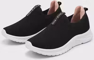 Tênis Feminino Slip On Preto com Rosa Bebê Leve e Confortável Tecido Respirável Sem Cadarço Ideal para Caminhada Academia Trabalho e Dia a Dia
