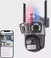 Câmera de Segurança WiFi Externa 2+2+2MP, Visão 355° + 90°, Dupla Lente Grande Angular, Detecção de Movimento, Áudio Bidirecional, Visão Noturna LED, IP66, Armazenamento em Nuvem e Cartão
