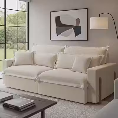 Sofá Cama, Retrátil e Reclinável Dubai, Tecido Linho, Molas Ensacadas, 1,90m. (Cru)