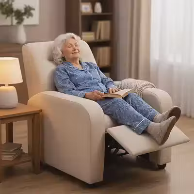 Poltrona Confort Cadeira Reclinável Hospitalar para Idosos com Encosto para Descanso Revestimento Corino Premium Bege para Sala e Quarto