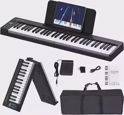 VEDO Kit Piano Digital DobráVel Portátil, 61 Teclas Semipesadas, Recarregável, 128 Tons, 128 Ritmos, 20 CançõEs de DemonstraçãO, USB-MIDI, Pedal SustentaçãO, Bolsa, Teclado Eletrônico Multifuncional