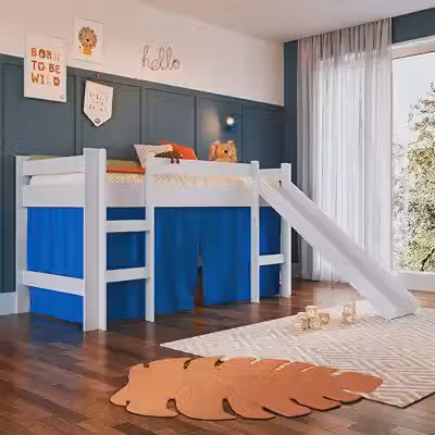 Cama Elevada com Escorregador Branco com Cortina Azul Lilies Móveis