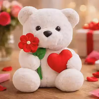 Wu Bichos de Pelúcia Urso Lovezinho, Pelúcia Macia, 22cm, Branco com Flor e Coração Vermelho, Presente Romântico