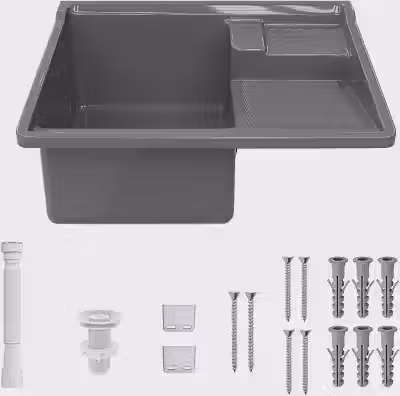 Tanque Lavar Roupa Lavanderia Kit Completo 30L Plástico de Parede Com Esfregadeira Lateral EJV SHOOP Cinza