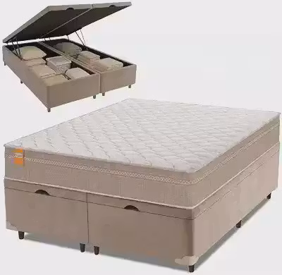 Cama Box Baú Casal Queen Colchão Molas Qatar 158x198x63cm Bege/Branco Inducol - Suporta Até 200 Kg Por Pessoa
