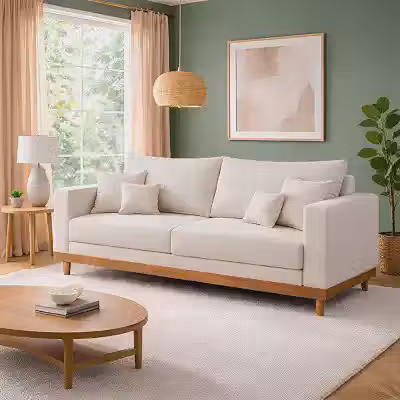 Sofá Living 3 Lugares Suede Reforçado + Almofadas Recepção Sala - Balaqui Decor Cor:bege