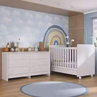 Berço 3 em 1 para Colchão 130x70cm com Rodízios e Cômoda Chantilly Multimóveis Mp4290 Branco