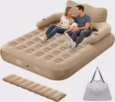 Trailabo Colchão Inflável com Encosto e Travesseiro, Bomba de ar Elétrica Recarregável Embutida - Marrom (Queen Size)