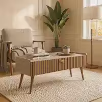 Mesa de Centro Retangular para Sala em MDP 12mm, com Gaveta, Ripado Adesivo 3D, Passa-Fio e Pés Retrô em PVC, 49cm de Altura, para Sala de Estar e Organização(Fendi Ripado)