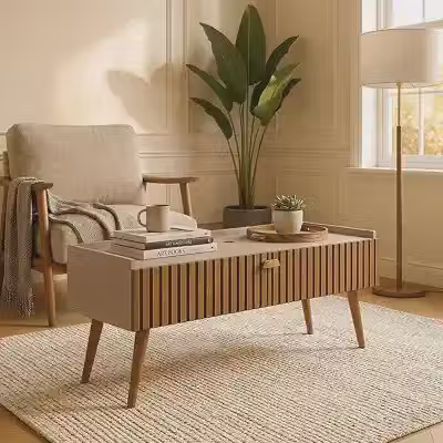 Mesa de Centro Retangular para Sala em MDP 12mm, com Gaveta, Ripado Adesivo 3D, Passa-Fio e Pés Retrô em PVC, 49cm de Altura, para Sala de Estar e Organização(Fendi Ripado)