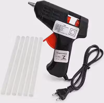 Kit Pistola de Cola Quente 20W Bivolt, Bico Fino + 6 Bastões de 7 mm para Artesanato e Reparos – Preta