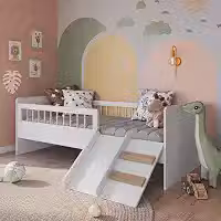 Cama Montessoriana de Solteiro com Escada e Escorrega Linha Affetto Branca
