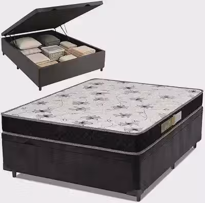 Cama Box Com Baú Casal Colchão Espuma 138x188x53cm Polar Branco/Preto