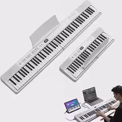 VEDO Piano Elétrico DobráVel Kit, 88 Teclas Semipesadas, Recarregável, 128 Tons, 128 Ritmos, 80 Músicas, 64 Vozes Polifonia, Tela LED, USB-MIDI, Com Pedal SustentaçãO, Suporte MúSica, Bolsas, Branco