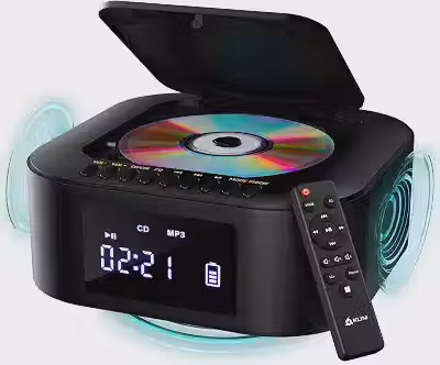 KLIM Boombox E1 – CD Player portátil com subwoofer – graves extras, Bluetooth, rádio FM, USB, AUX, MP3 – bateria recarregável, modos com fio e sem fio, controle remoto – preto/dourado