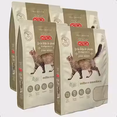 Kit 4 Areia Higiênica Natural Biodegradável de Grãos Mistos de Milho e Mandioca para Gatos Kadi 8kg